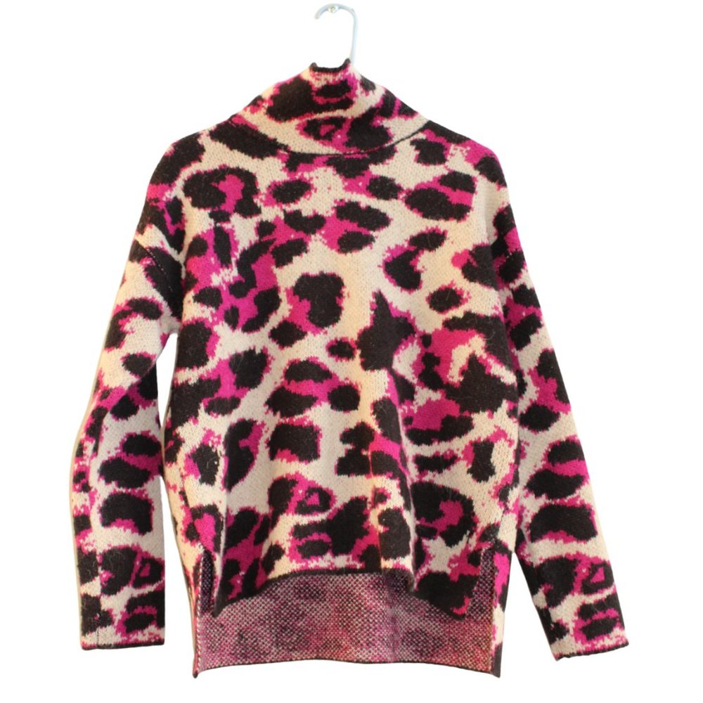 DKNY, Oversized Fuschia & Black, Print Mock-neck Sweater, Size S